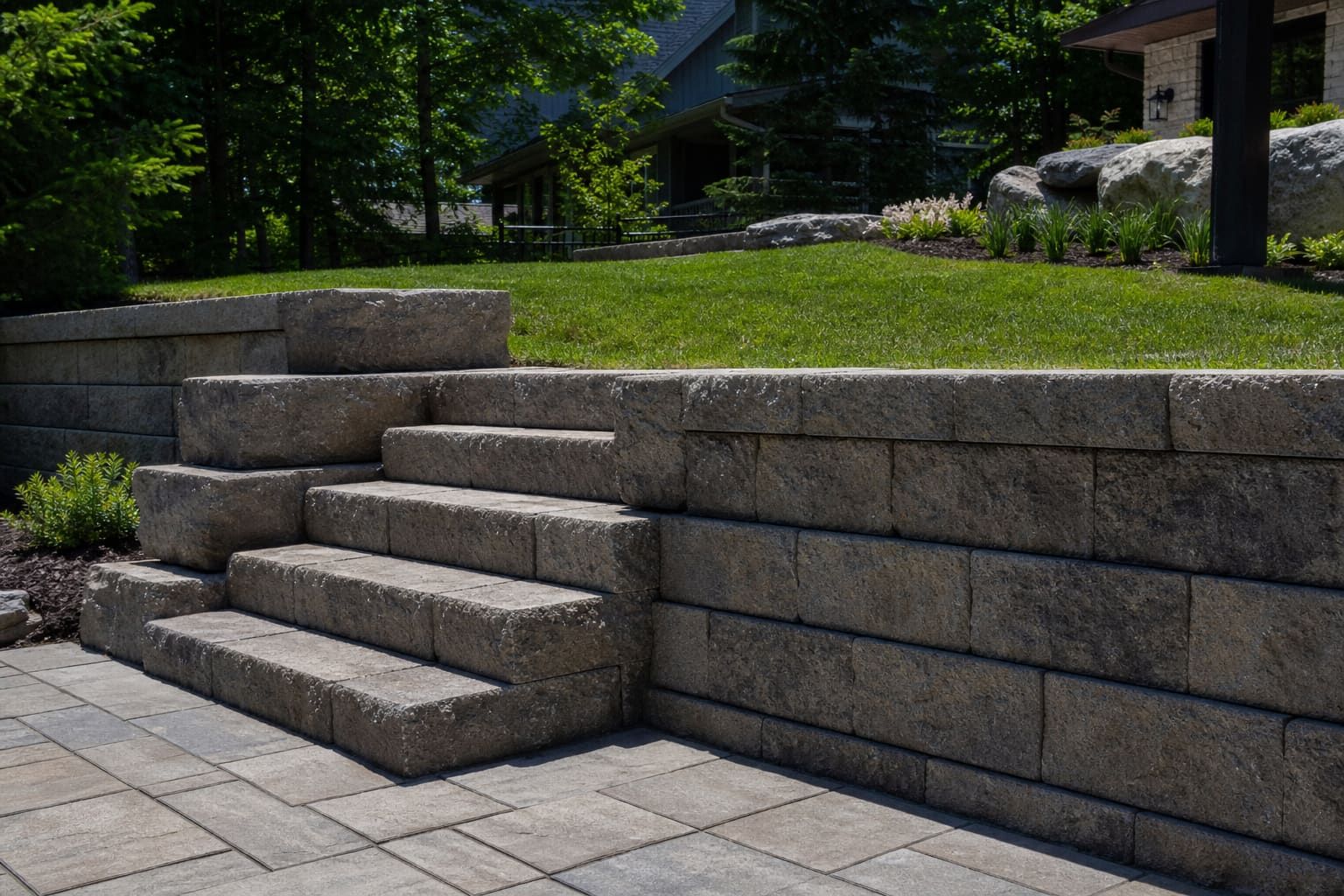 Stone retaining wall with steps